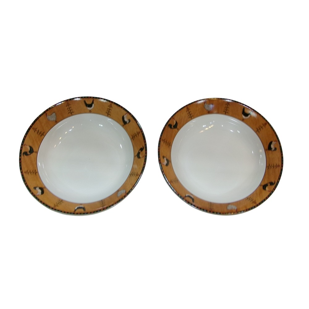 Pair of Sakura Warren Kimble Country Quartet Rooster 7.5" Stoneware Bowls